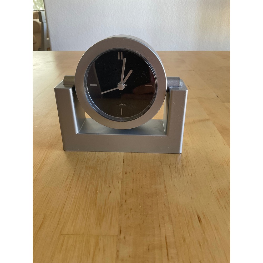SCMC Los Angeles Silver Swivel Desk Clock Black Face Quartz Movement Minimalist